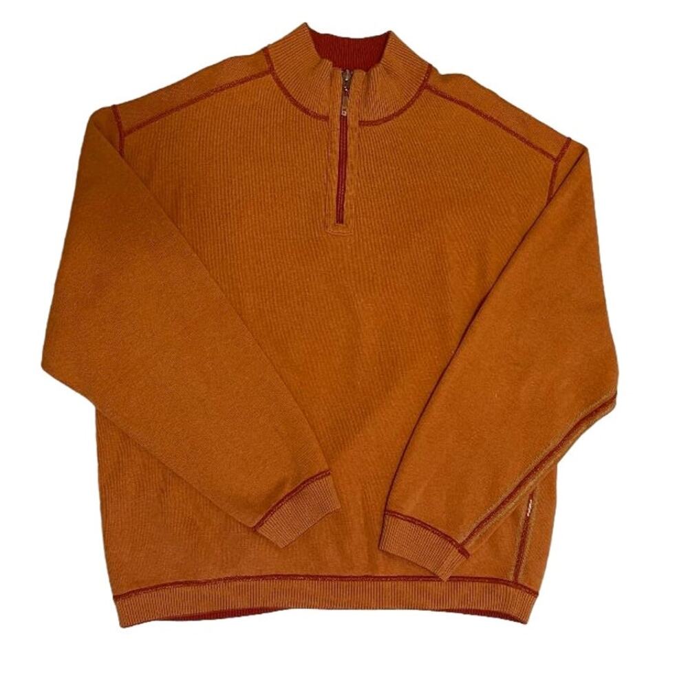 Tommy Bahama Mens Orange Quarter Zip Sweater‎ Red Stitching Size XL